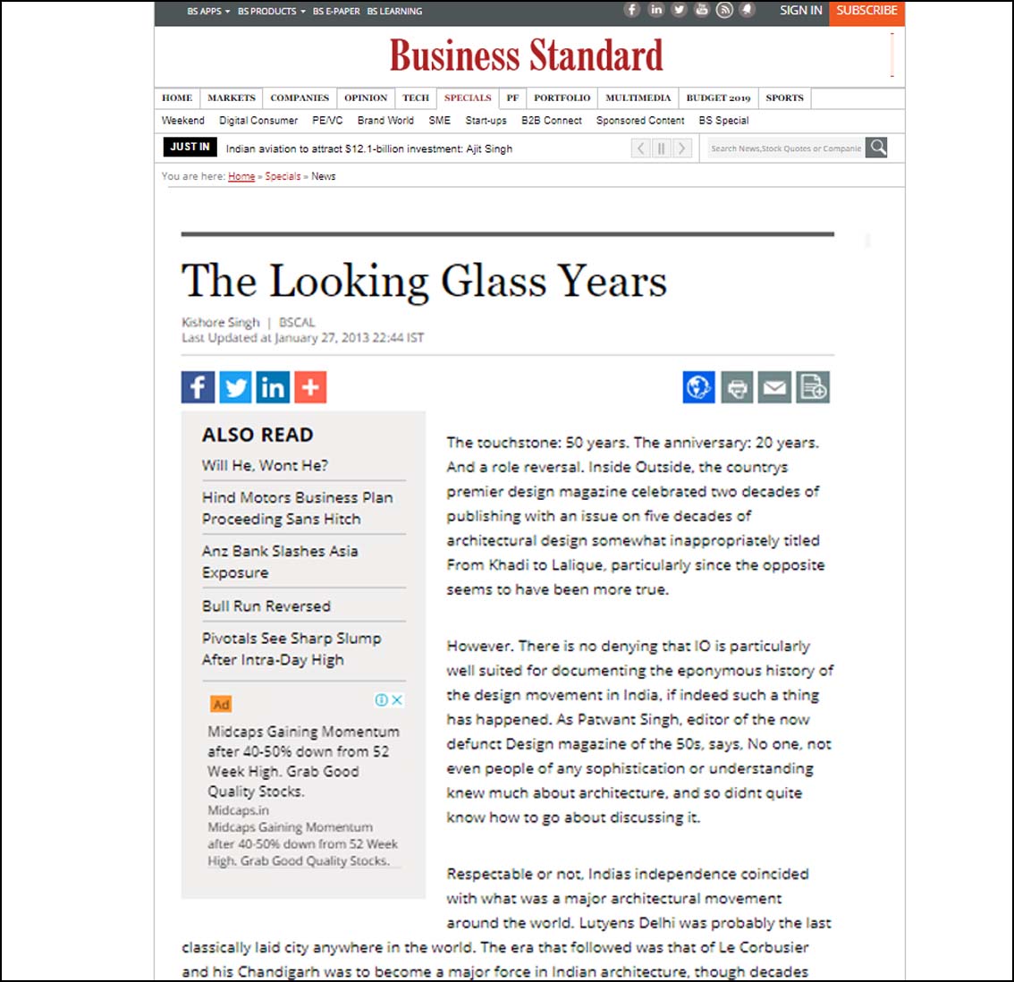 The Looking Glass Years, Business Standard - January 2013